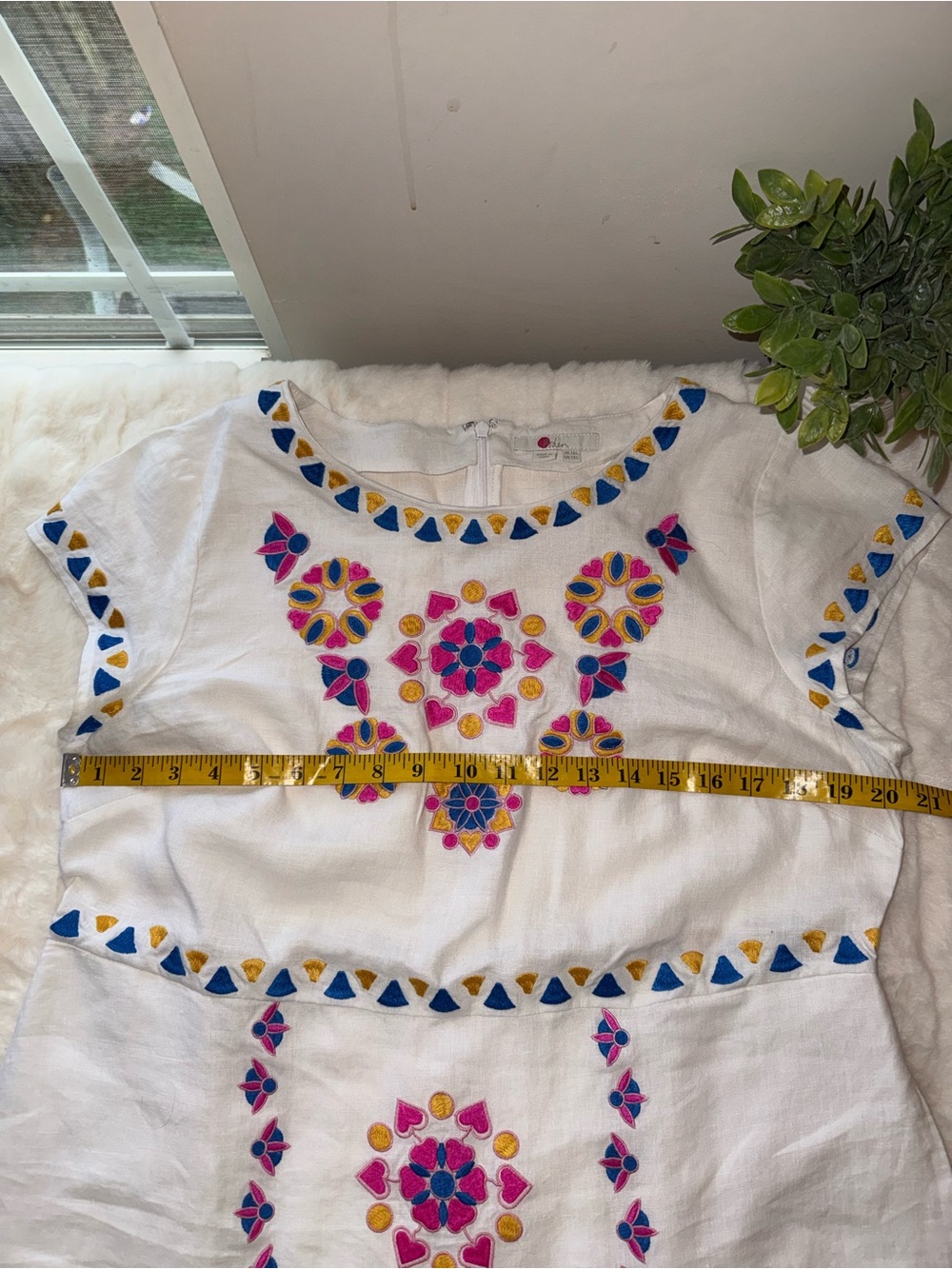Boden White Linen Midi Dress with Pink, Yellow & Blue Embroidery - Size 12 - Picture 8 of 10
